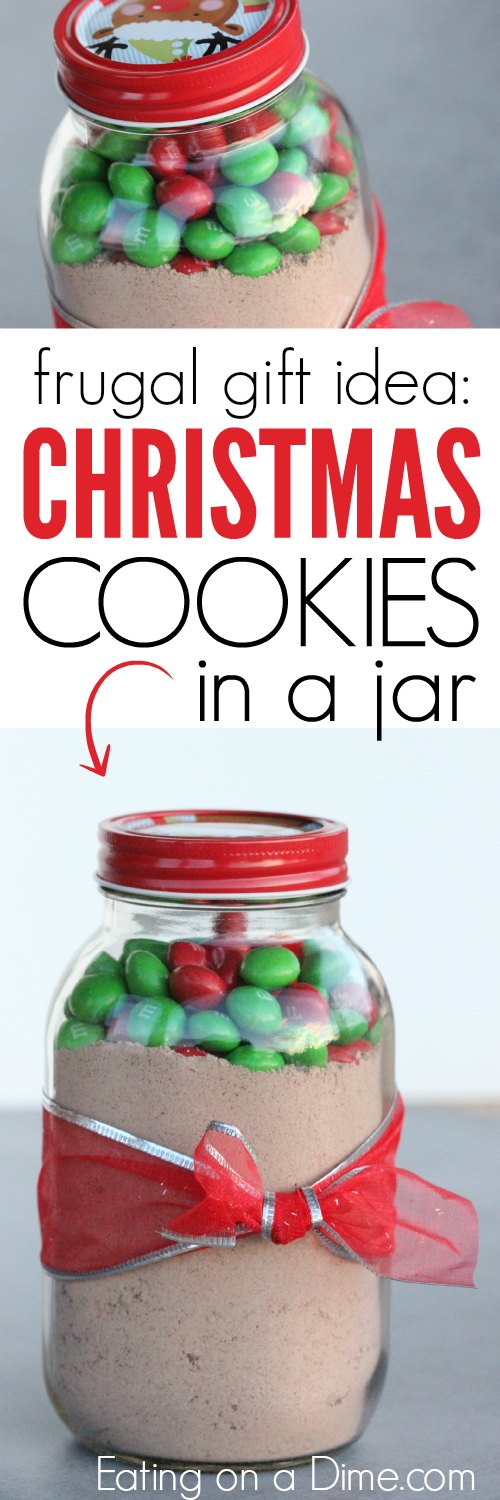 Make this Christmas cookies in a jar recipe for a homemade gift idea. Everyone will love this m&m cookie in a jar recipe that is an adorable decoration as well. It is quick and easy to make this DIY jar recipe to give as a gift so that they can make baked cookies in no time at all. #eatingonadime #jarrecipes #christmascookies 