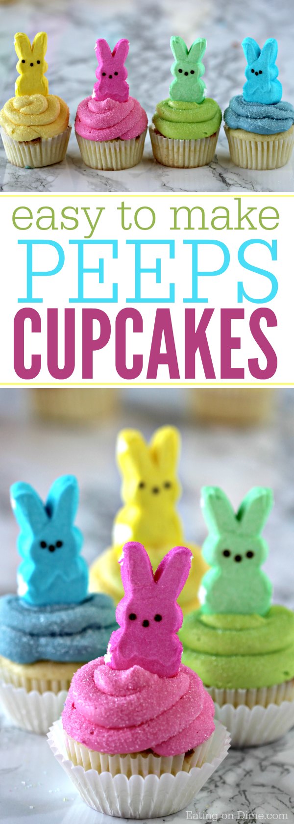 These Peeps Cupcakes are adorable. Easy Easter Cupcakes to make in minutes. Peeps cupcakes are now our favorite Easter Dessert Recipe. They are fun and the kids loved these cupcakes with peeps. #eatingonadime #Eastercupcakes #Easterdessertsideas