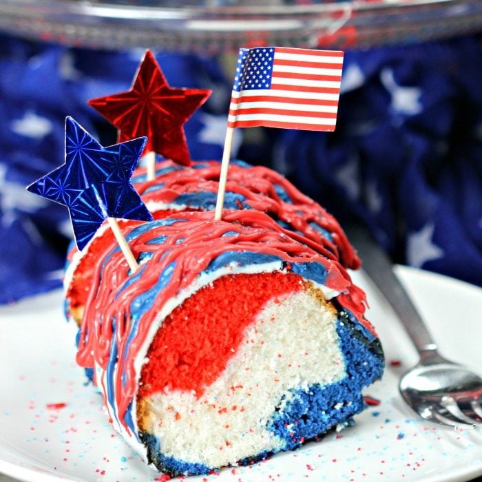 Slice of Red White and Blue cake on a plate