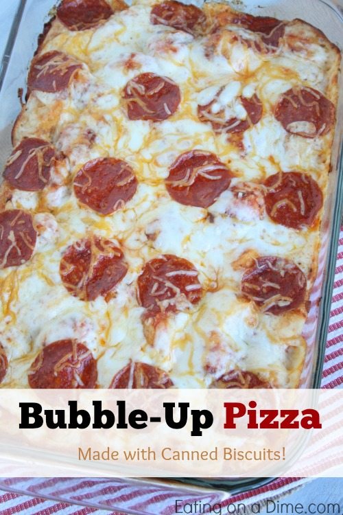 This bubble up pizza recipe is a quick and easy pizza recipe. The entire family even the kids will love making and enjoying this frugal bubble pizza recipe for dinner tonight. This casserole is easy to make with Pillsbury biscuits. Then you bake it with your favorite pizza toppings and this homemade pizza is ready for your family to enjoy! #eatingonadime #bubblepizzarecipe #pizzarecipes
