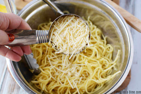 Pasta and cheese in bowl. 