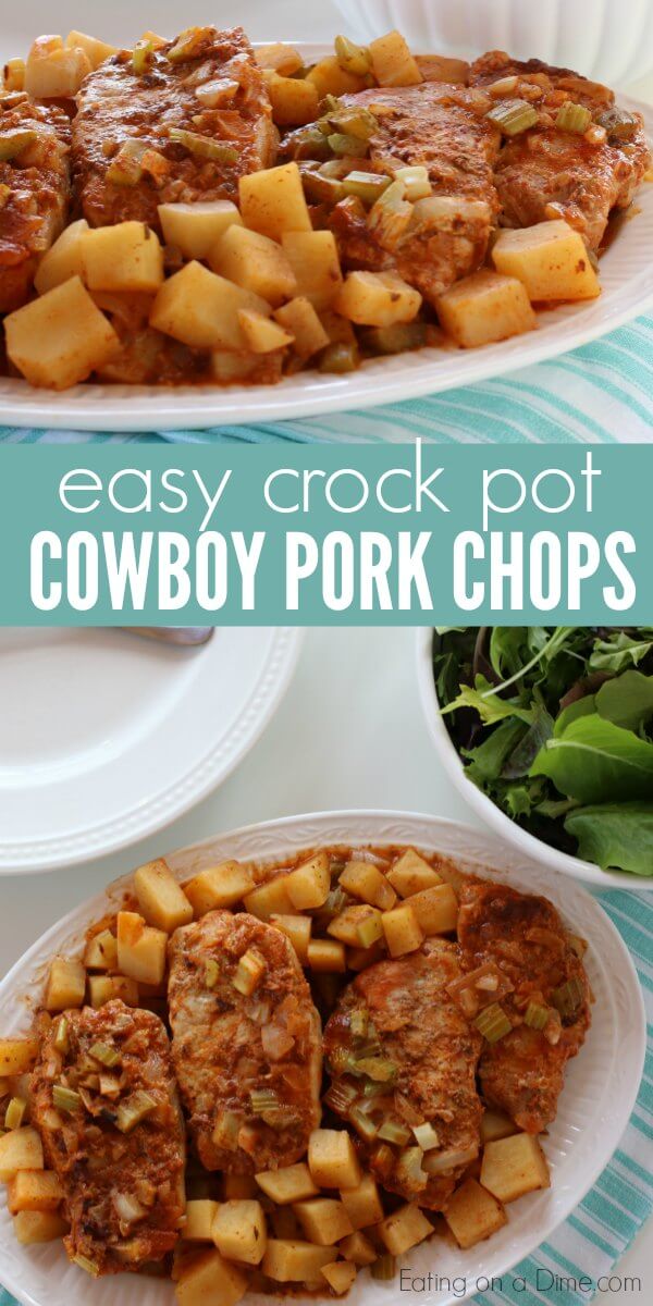 Cowboy Crockpot Pork Chops Recipe is packed with amazing flavor. You will love how quick and easy Slow cooker pork chops and potatoes comes together. The potatoes and pork chops are so yummy! Try Cowboy slow cooker pork chops recipe. Cowboy pork chops is the best dinner. Cowboy pork chops dinner recipe is so simple. 