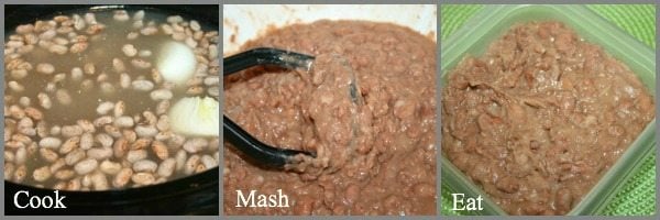 Learn how to make refried beans by cooking them in the crockpot! It is so easy to make Crock Pot refried beans and saves a ton of money. Process of making beans. Pintos being cooked. Second photo is pintos being mashed. Third photo is a serving dish of refried beans.