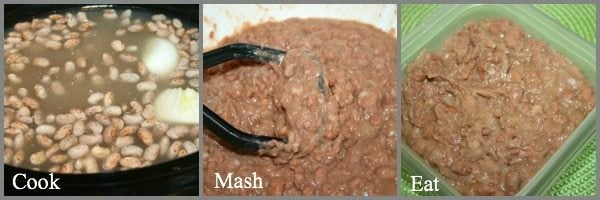 Process of making beans. Pintos being cooked. Second photo is pintos being mashed. Third photo is a serving dish of refried beans. 