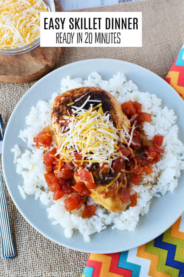 Tex Mex Chicken Skillet Recipe is so easy to make and has tons of southwestern flavor.  Enjoy with rice for a quick meal in 20 minutes your family will love.