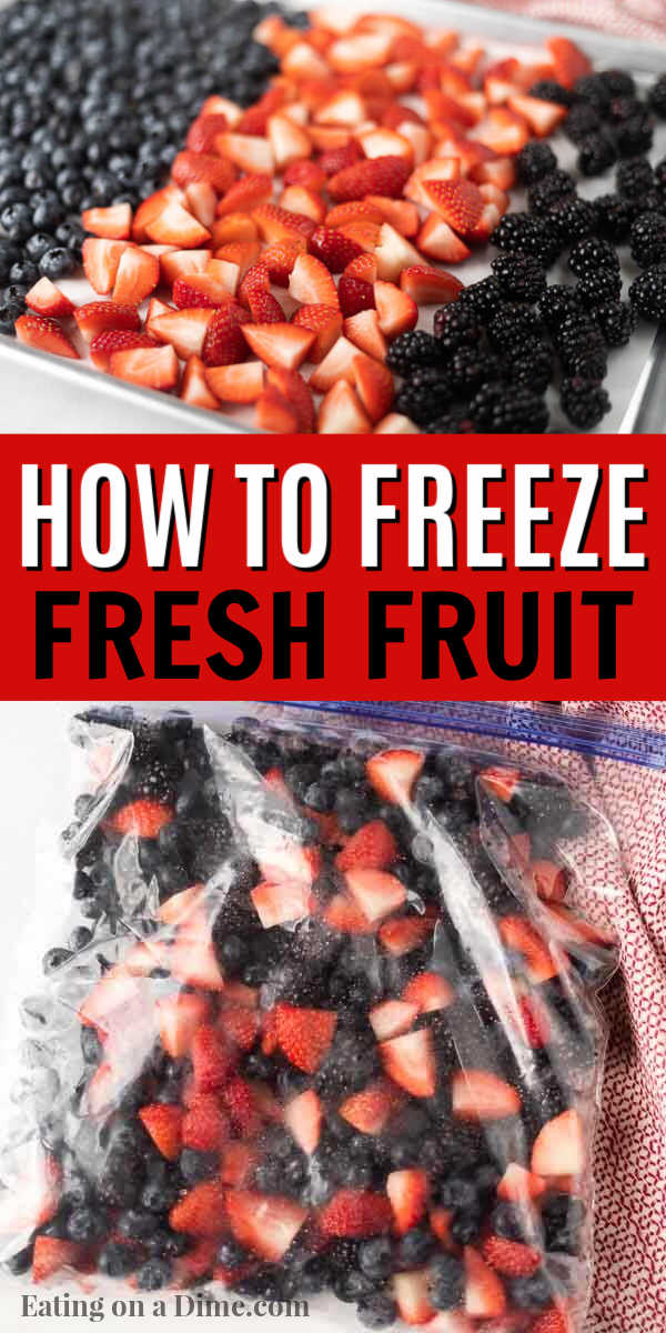 Learn how to freeze fresh fruit for smoothies or other desserts. Freezing fruit saves money and time. Learn how to freeze fruit for smoothies and parfaits. Plus how to flash freeze fruit. #eatingonadime #freezingfruit #freezertips 