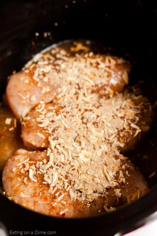 Close up image of chicken breast and seasoning in a crock pot uncooked. 