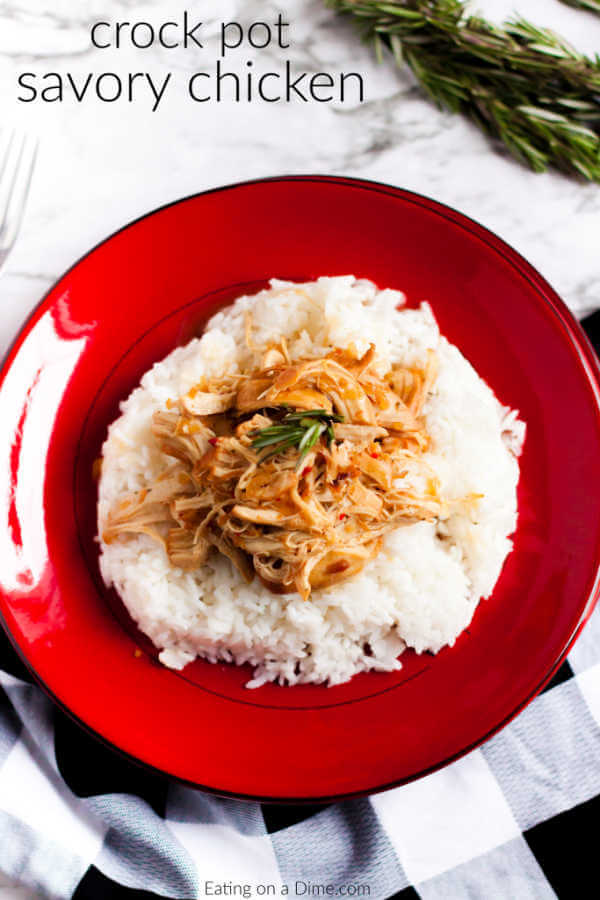 Close up image of shredded savory chicken on rice on a red plate. 