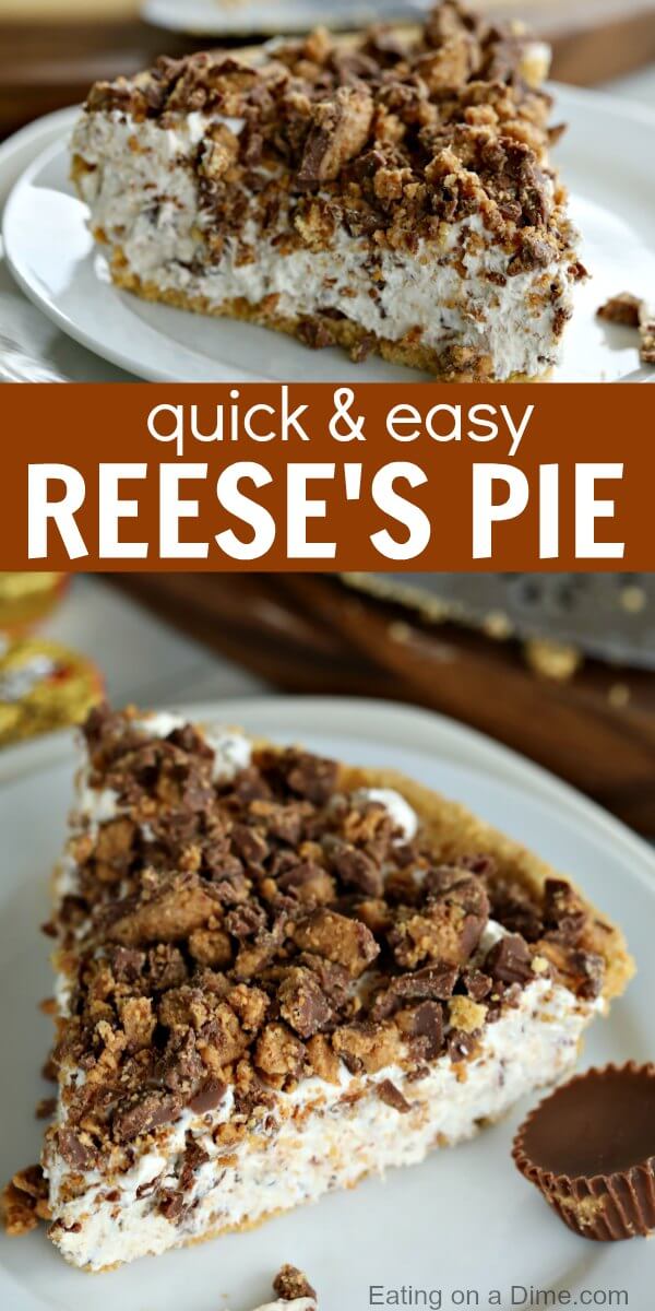 This Peanut Butter Reese’s Pie Recipe is the perfect no bake dessert. Reese's peanut butter pie recipe is delicious. Try Reese's chocolate peanut butter cup pie for an easy dessert recipe. This is the best Peanut Butter Pie easy no bake recipe. The entire family will love Reese’s Chocolate Peanut Butter Pie Recipe! #eatingonadime #pierecipes #dessertrecipes #reesesrecipes #easydesserts 