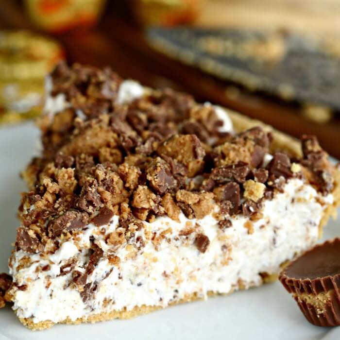 Close up image of a Reese's Cup Peanut Butter pie. 