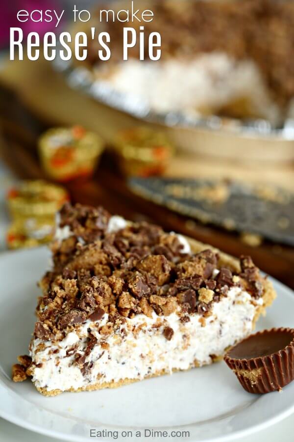 This Peanut Butter Reese’s Pie Recipe is the perfect no bake dessert. Reese's peanut butter pie recipe is delicious. Try Reese's chocolate peanut butter cup pie for an easy dessert recipe. This is the best Peanut Butter Pie easy no bake recipe. The entire family will love Reese’s Chocolate Peanut Butter Pie Recipe! #eatingonadime #pierecipes #dessertrecipes #reesesrecipes #easydesserts Close up image of a piece of Reese's Candy Peanut Butter pie on a white plate with a Reese's peanut butter cup on the side.