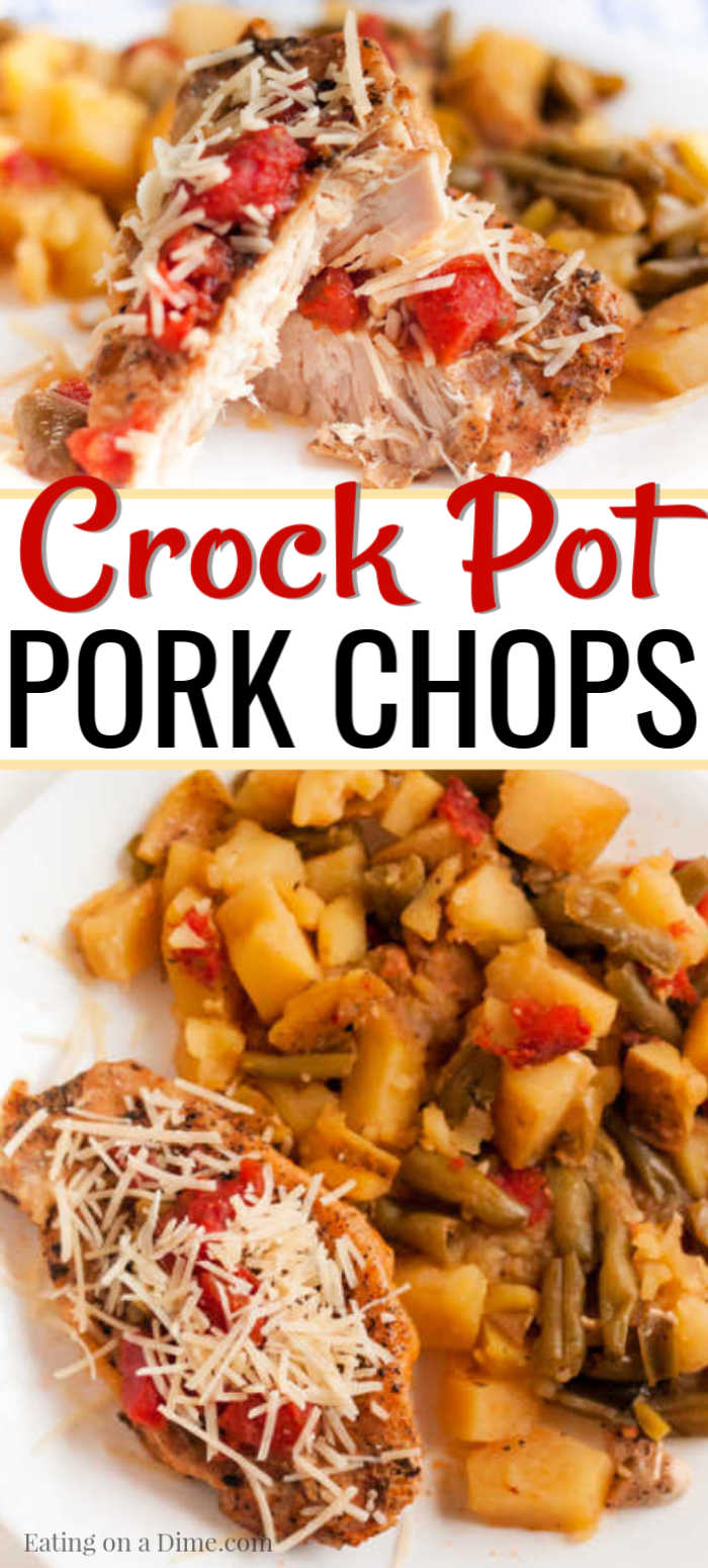 One pot meals are such a time saver around here and this Crock Pot Pork Chop Dinner does not disappoint. Enjoy tender pork, green beans and tomatoes!