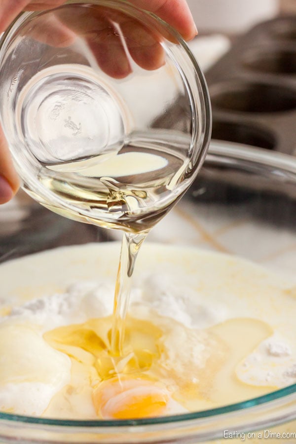 bowl of muffin batter being mixed