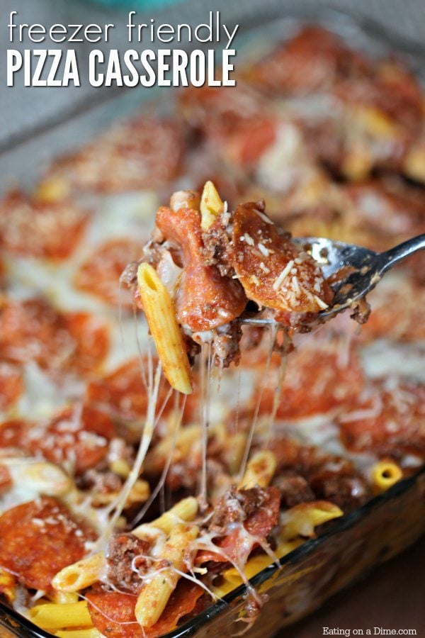 This easy pizza casserole recipe is a family pleaser! An Easy casserole recipe. Plus this pizza pasta casserole is an easy freezer meal. Try it today! 