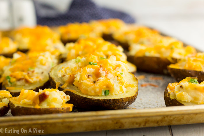 Twice Baked Potatoes that are prepared on a sheet pan. 