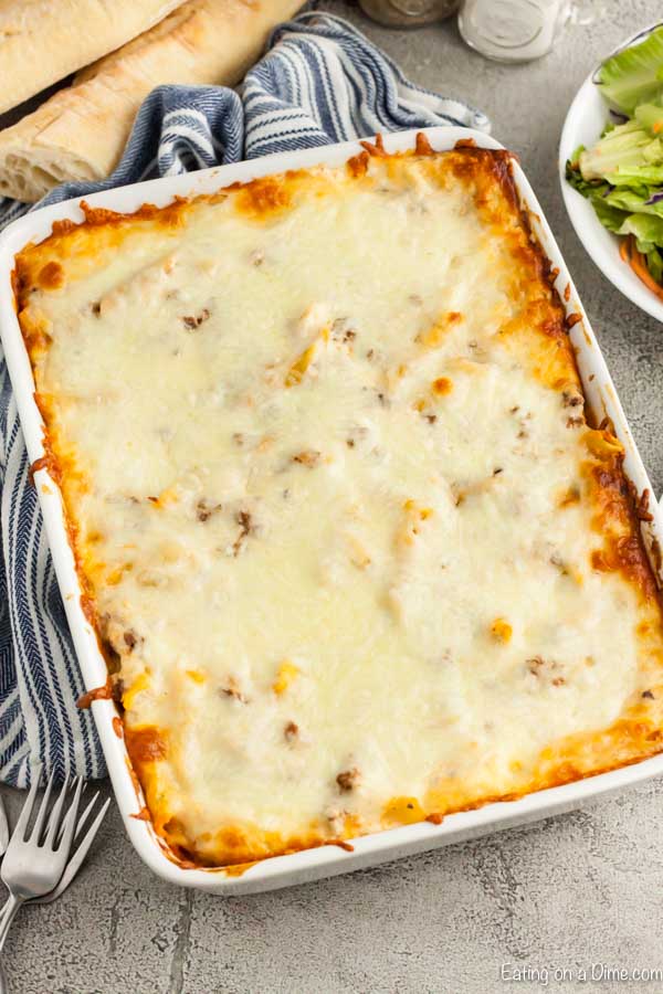 Easy Pasta Bake comes together in minutes with lots of hearty beef, cheese and more. This is freezer friendly, inexpensive and all around a great meal! 