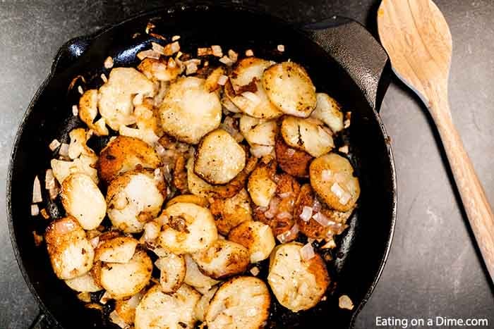 Pan fried potatoes in a skillet 