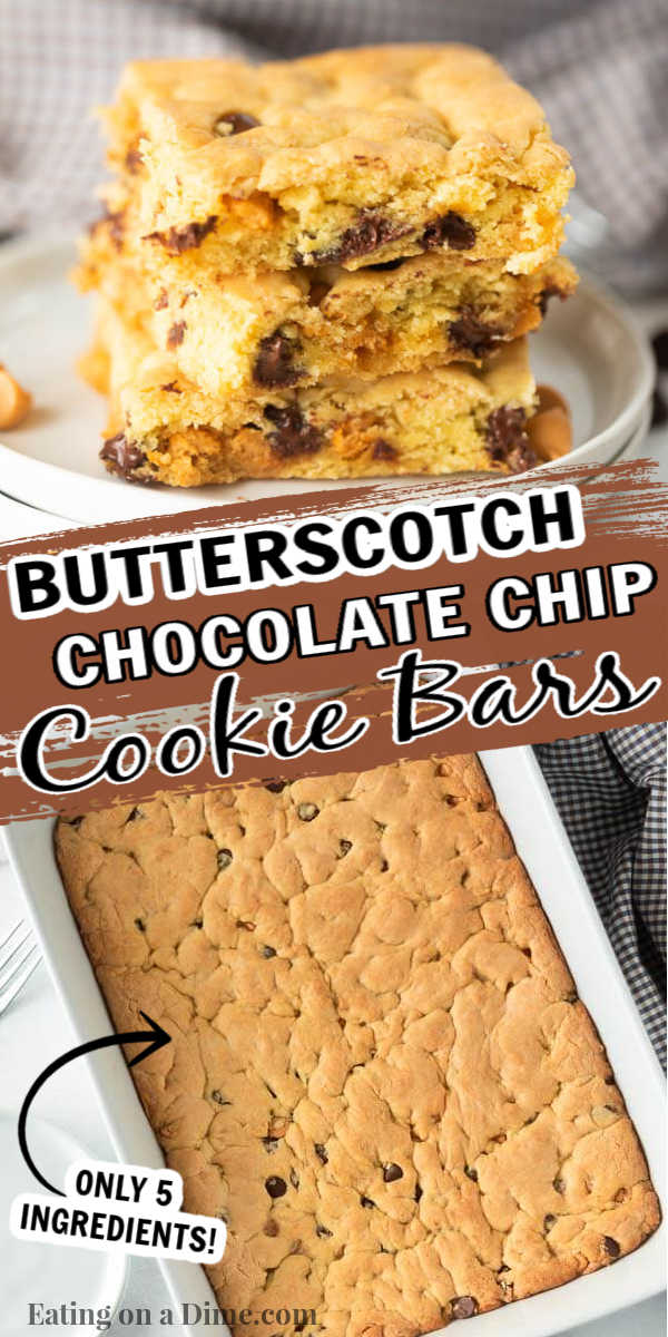 These butterscotch chocolate chip cookie bars are easy to make with only 5 ingredients! These cake mix cookie bars are simple and easy to make in under 30 minutes. You are going to love this easy dessert recipes. #eatingonadime #cakemixcookiebars #cakemixrecipes #easydessertrecipes 
