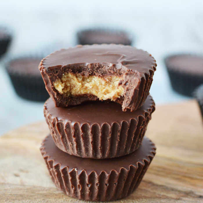 Close up image of peanut butter cups stacked. 