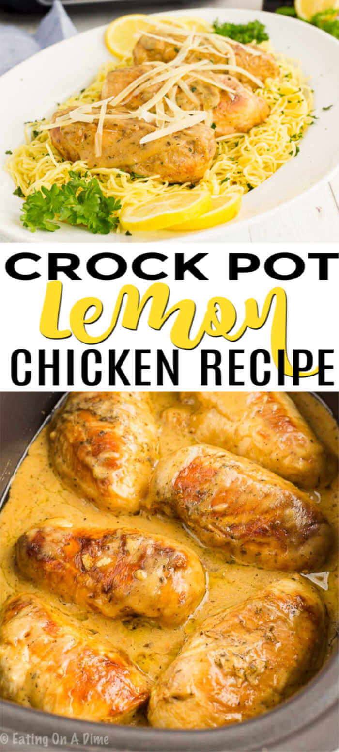 Crockpot lemon chicken is so light and refreshing for a great meal. The creamy lemon sauce is delicious over the chicken and pasta for an easy dinner idea. Thanks to the slow cooker doing all of the work, you can enjoy this meal even during the week. You will love coming home to dinner ready to enjoy. We love the lemon flavor this chicken has. #eatingonadime #crockpotlemonchicken #lemonchicken
