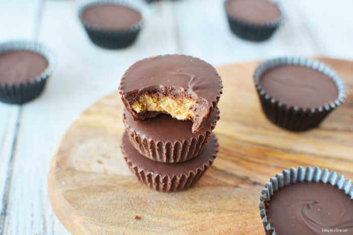 Close up image of peanut butter cups on a table. 