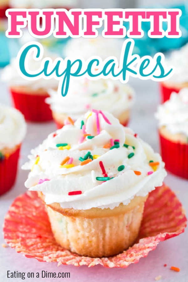 Learn how to make these easy, moist funfetti cupcakes at home with rainbow sprinkles. These easy homemade cupcakes are perfect for any event: Birthday, Christmas or Easter! My kids love funfetti but I can’t always find the cake mix for them, so this is a great option to make homemade, DIY, cute, sprinkle stuffed cupcakes. This is one of my favorite cupcake recipes. This best homemade funfetti cupcake recipe is easy to make and the best home made cupcakes! #eatingonadime #cupcakerecipes #dessertrecipes #funfettidesserts #easyhomemade 