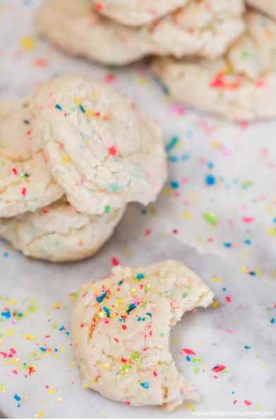 Photo of several funfetti cake mix cookies together.
