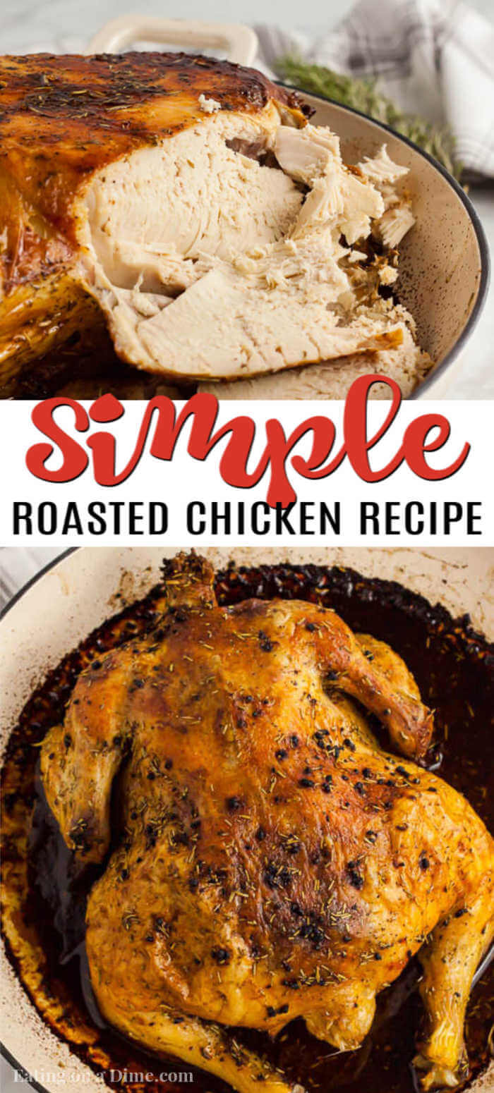 Learn how to roast a chicken and save money while making a delicious roasted whole chicken. This is super easy and much cheaper than store bought. These easy steps will show you how to roast a chicken in the oven. #eatingonadime #howtoroastachicken #roastingchickenintheoven #easysteps