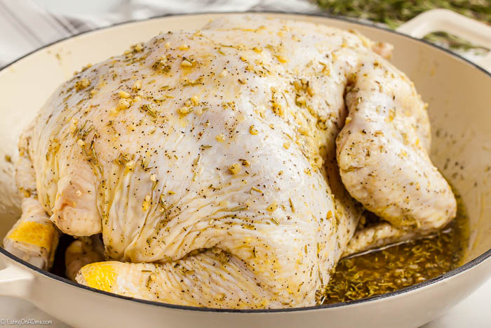 Whole Chicken in a large pot after being rubbed with seasoning