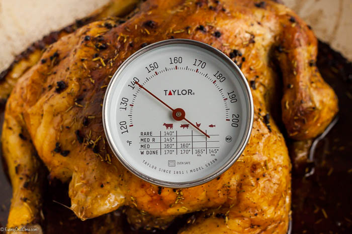 Roasted chicken in a large pot with a thermometer inserted in it