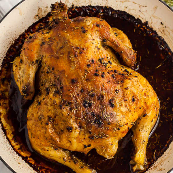 Roasted chicken in a large pot