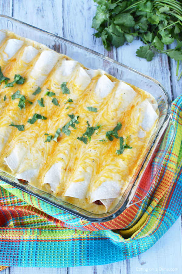 Sour Cream Chicken Enchiladas in a Baking pan topped with melted cheese and fresh cilantro. 