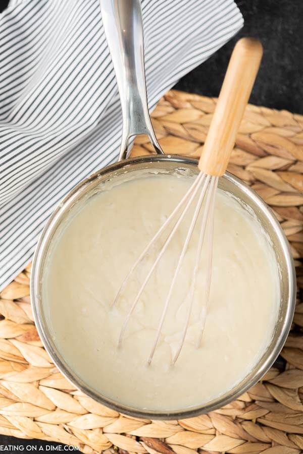 Close up image of making white gravy in a pain. 
