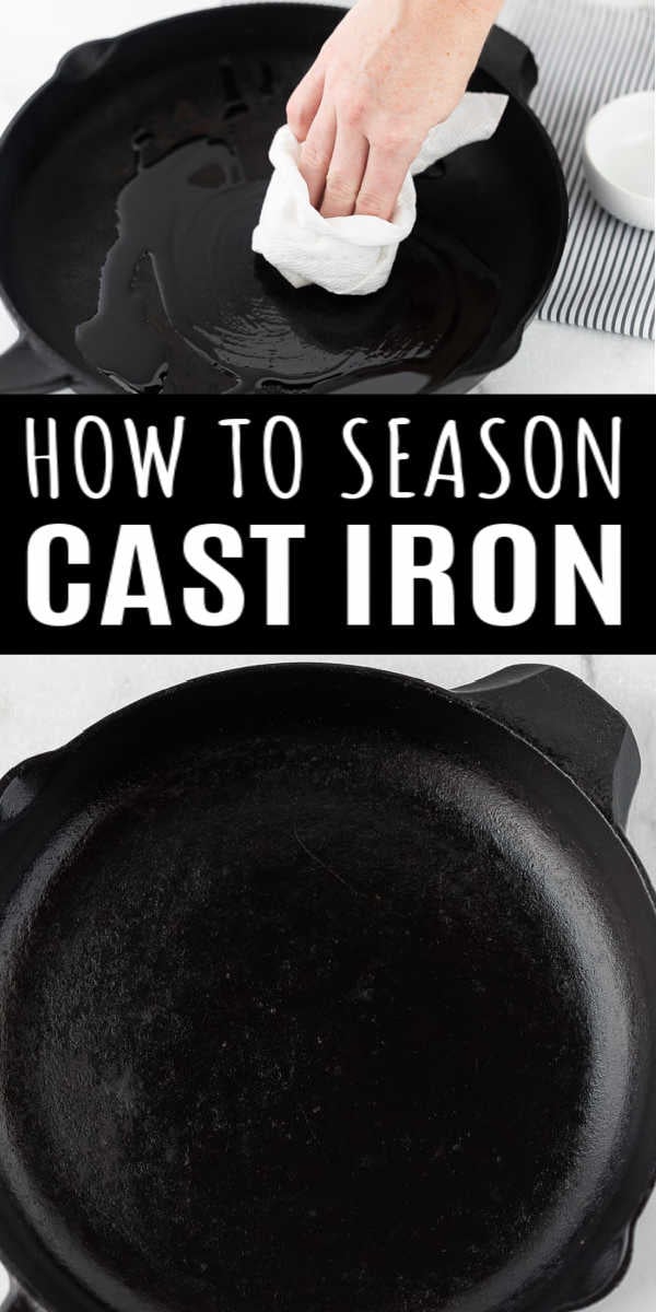 Learn how to season a cast iron skillet with oil.  This is the right way to season and clean all your cast iron cookware.  It’s easy to season cast iron skillet in a few easy steps and your pans will look like new.  You are going to love this easy kitchen tip. #eatingonadime #castiron #seasoncastiron 
