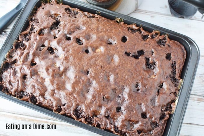 Chocolate cola cake in a cake pan just out of the oven. 