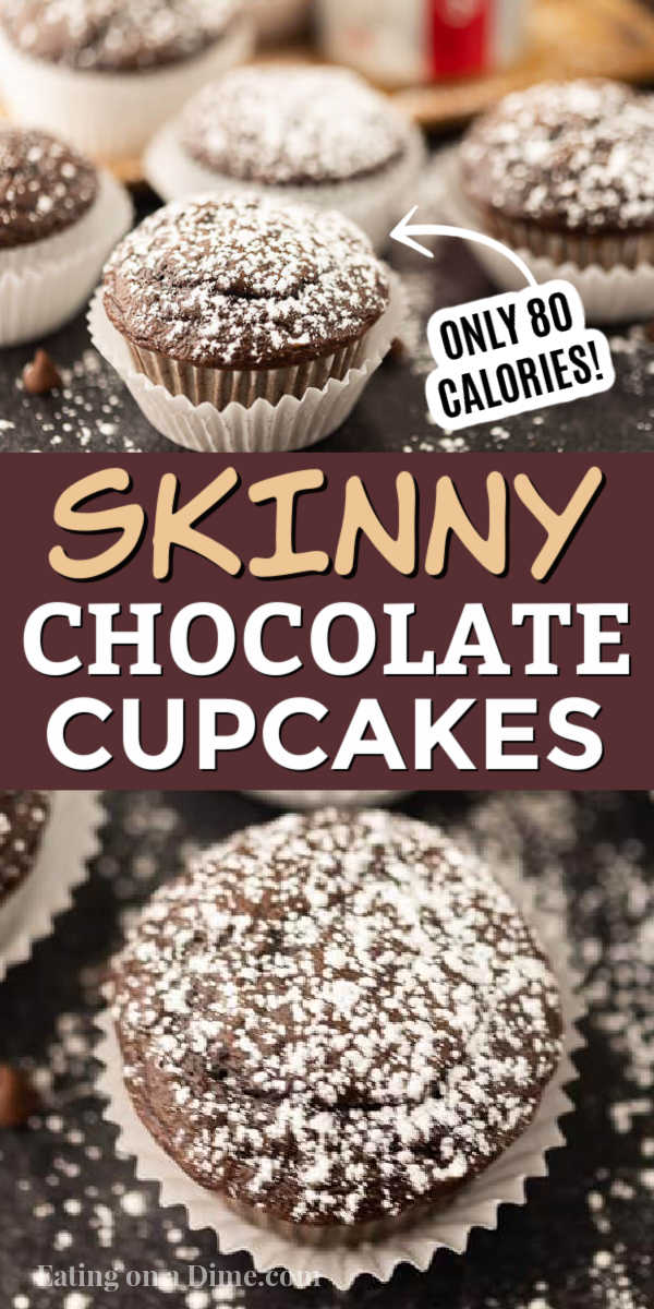 This skinny chocolate cupcakes are easy to make with only 2 ingredients: a chocolate cake mix and diet coke!  You are going to love these low calorie cupcakes made with a Diet Coke.  These low calorie chocolate cupcake is easy to make and delicious too! #eatingonadime #cupcakerecipes #lowcalorierecipes #dietcokerecipes #dessertrecipes 