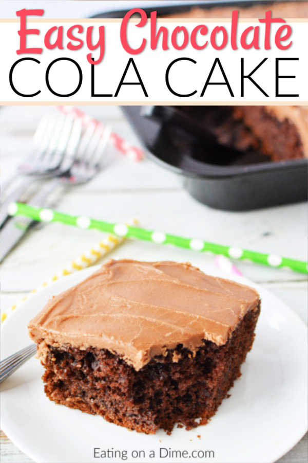 A serving of chocolate cola cake on a white plate