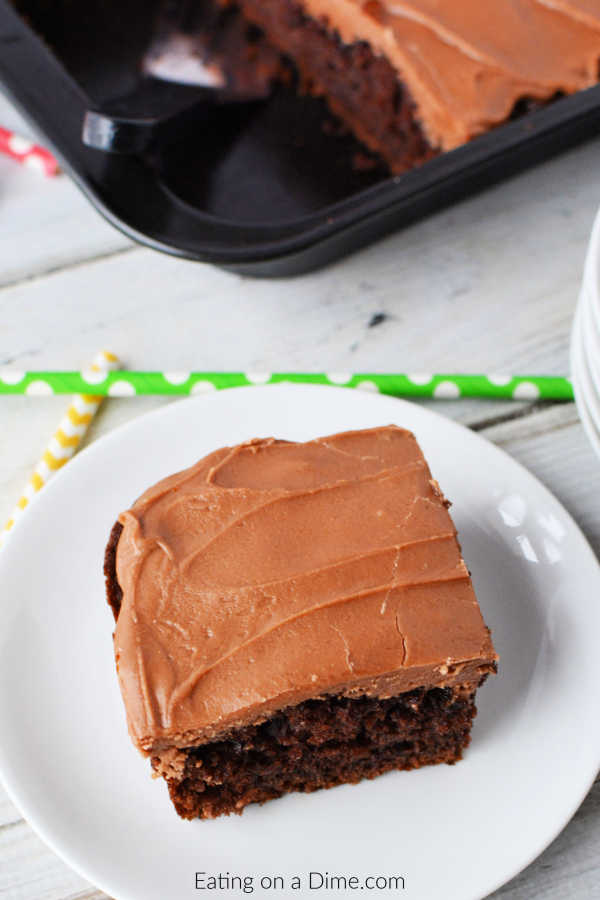 A serving of chocolate cola cake on a white plate