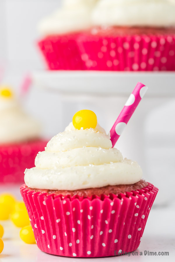 Close up image of Strawberry Lemonade Cupcake