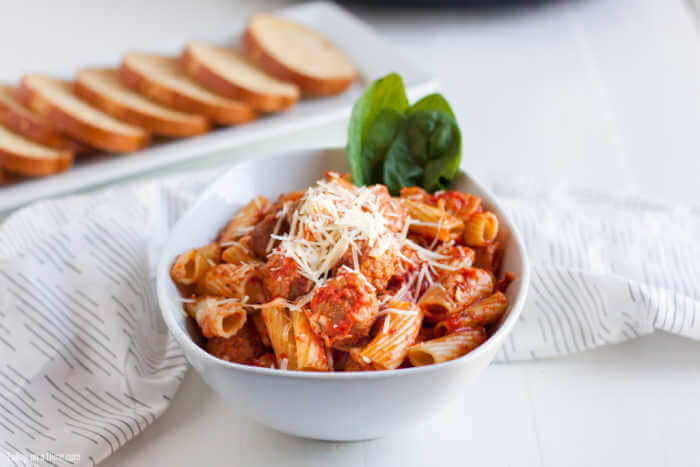 bowl of pasta and meatballs