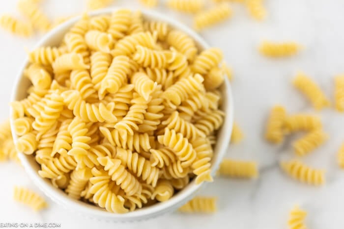 Overview of cooked Pasta in a bowl on a countertop.  