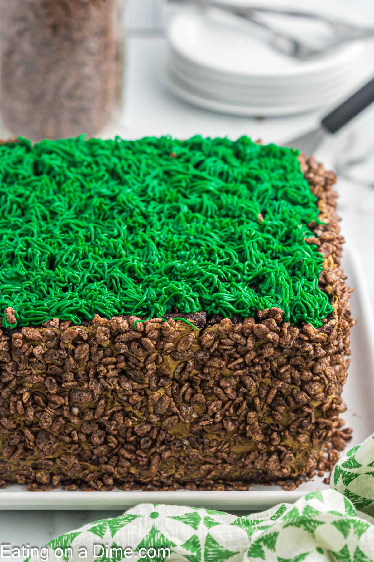Minecraft Block Cake on a serving platter