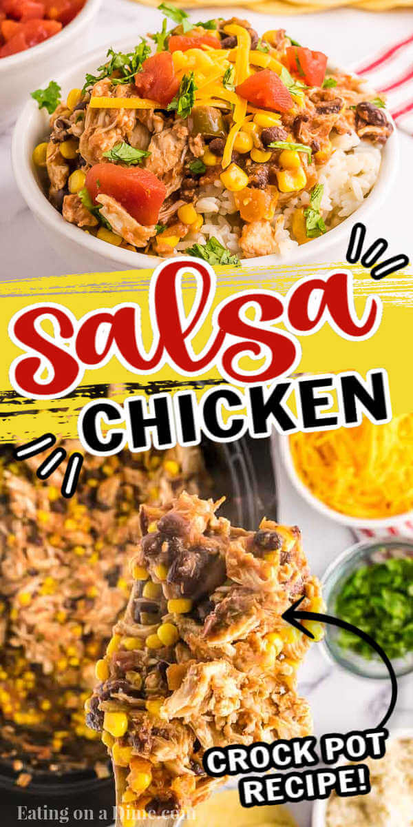 Crock pot salsa chicken recipe has just 4 ingredients and makes an easy dinner. Serve this tasty chicken in tacos, burritos, salads and more