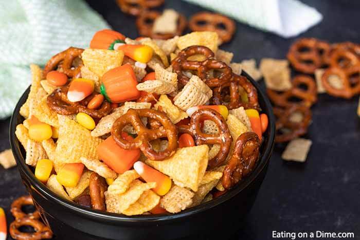 Halloween Chex Mix in a black bowl