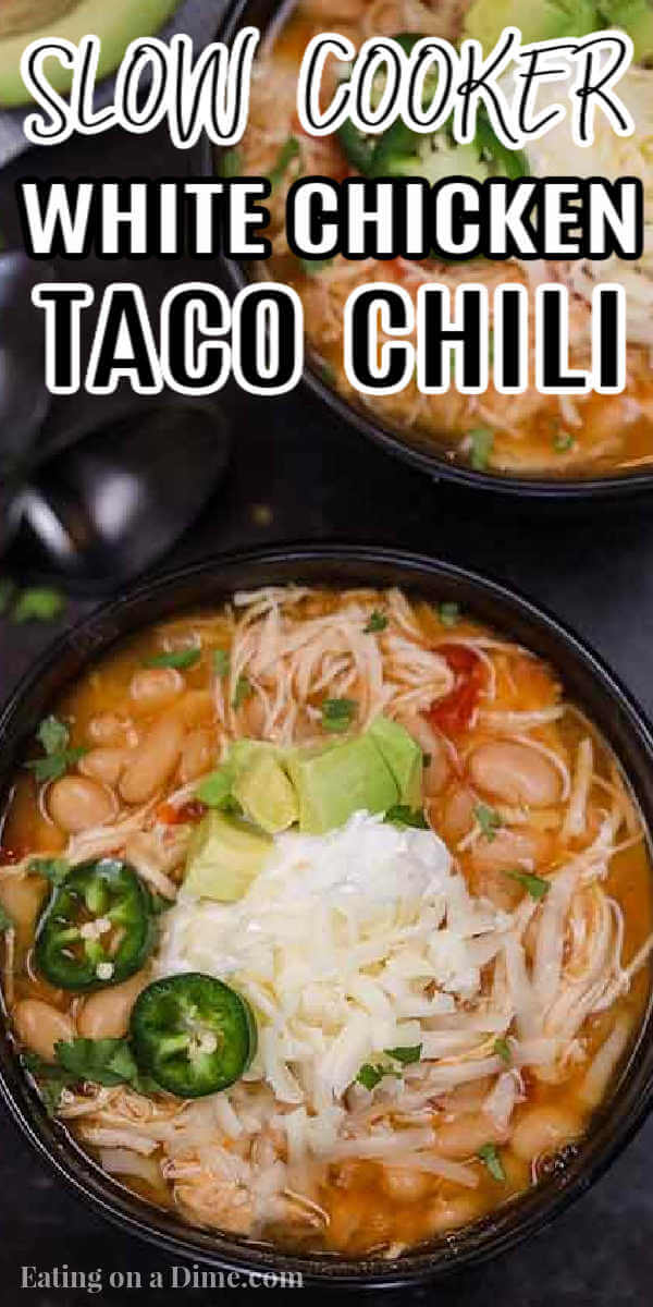 Crock pot white chicken taco chili recipe is delicious on a cold day. It is super easy and kid approved. You can add your favorite toppings!