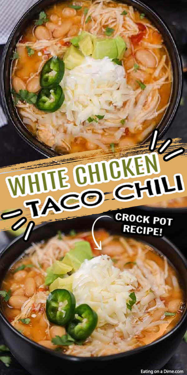 Crock pot white chicken taco chili recipe is delicious on a cold day. It is super easy and kid approved. You can add your favorite toppings!