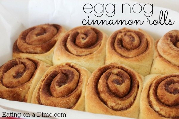 This Eggnog Cinnamon Rolls Recipe is perfect for Christmas morning. These homemade cinnamon rolls with egg nog are easy to make and delicious too! The entire family will love these gooey, fluffy cinnamon rolls recipe. My kids love helping to make this easy quick cinnamon rolls homemade with icing. They are truly the best! #eatingonadime #cinnamonrolls #christmasrecipes #eggnogrecipes 