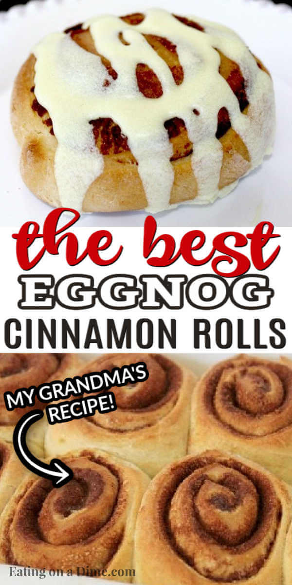 This Eggnog Cinnamon Rolls Recipe is perfect for Christmas morning. These homemade cinnamon rolls with egg nog are easy to make and delicious too! The entire family will love these gooey, fluffy cinnamon rolls recipe. My kids love helping to make this easy quick cinnamon rolls homemade with icing. They are truly the best! #eatingonadime #cinnamonrolls #christmasrecipes #eggnogrecipes 