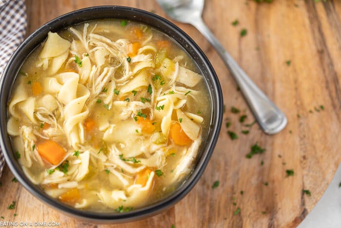 Enjoy Panera bread chicken noodle soup at home for a fraction of the price and save time too.  We love it with grilled cheese for a quick meal. 