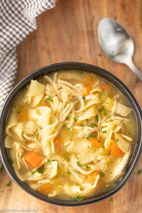 Enjoy Panera bread chicken noodle soup at home for a fraction of the price and save time too.  We love it with grilled cheese for a quick meal. 